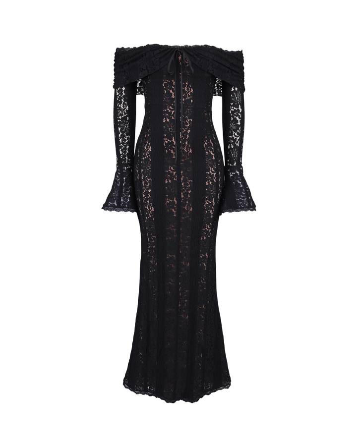 Women's glamorous black crystal sequin off-shoulder formal dress with bell sleeves, ideal for special events.