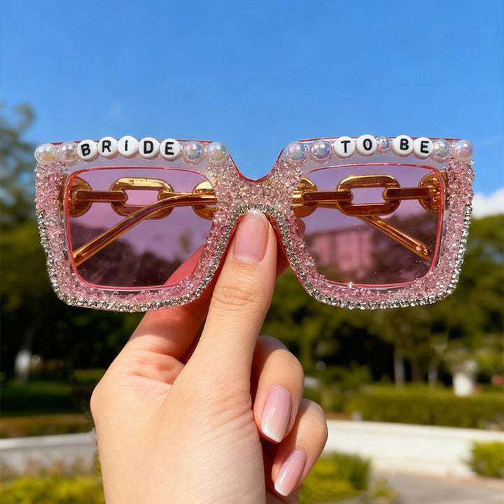 Glamorous "Bride to Be" pearl & rhinestone bridal sunglasses for bachelorette parties & weddings.