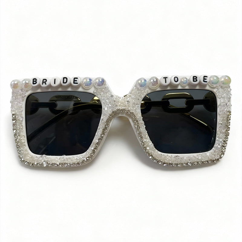 Elegant rhinestone & pearl bridal sunglasses for women, ideal for bachelorette, wedding, or celebration.