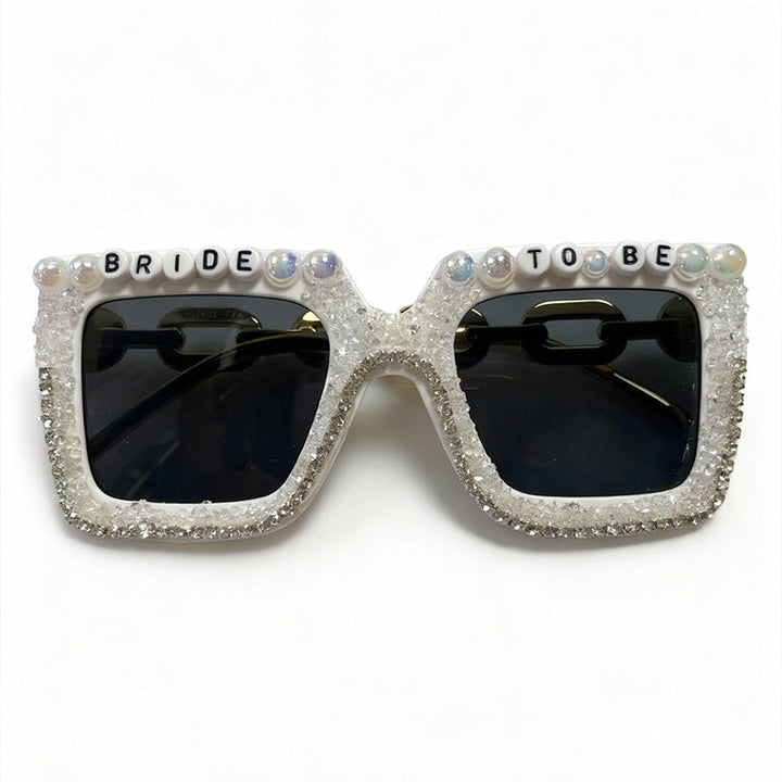 Elegant rhinestone & pearl bridal sunglasses for women, ideal for bachelorette, wedding, or celebration.