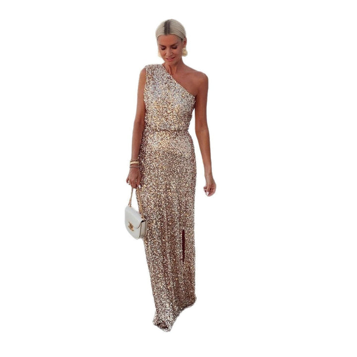 Glamorous women's champagne one-shoulder party dress. Long formal maxi gown with a chic side slit for events.
