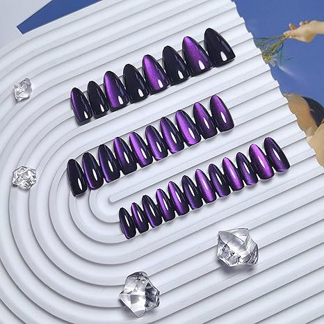 Women's glamorous purple ombre stiletto press-on nails with sparkling glitter. Perfect artificial nails for parties.