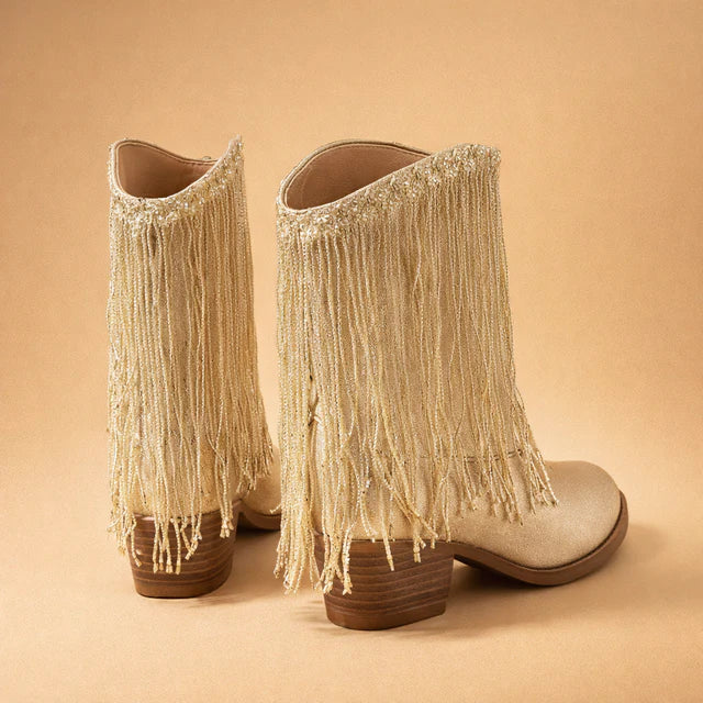 Statement women's fringe & sequin ankle boots for a glamorous night out. Features a comfortable block heel and dazzling details.