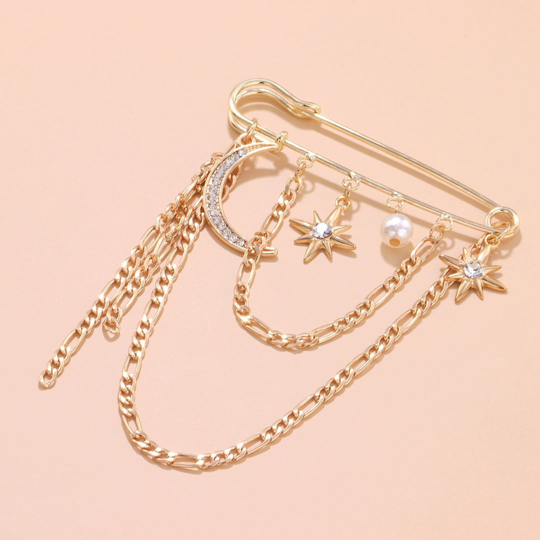 Glamorous women's chain brooch pin with elegant pearl accents and celestial design, a chic fashion accessory.