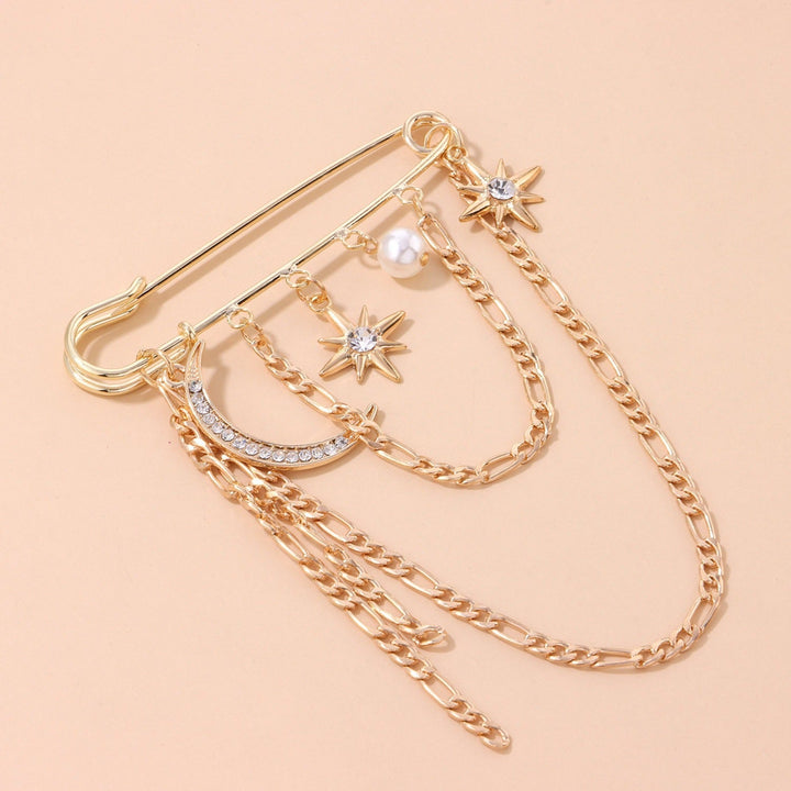 Elegant women's chain brooch featuring sparkling pearls and celestial star design, perfect statement jewelry.