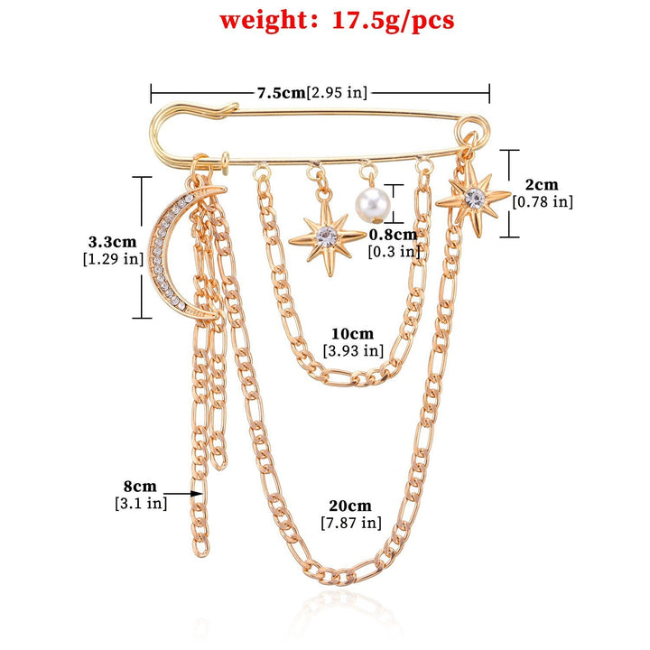 Statement women's chain brooch pin with celestial elements, pearls, and a glamorous design for any outfit.