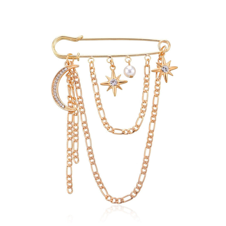 Women's glamorous chain brooch with celestial design, delicate pearls, and sparkling details. Fashion accessory.