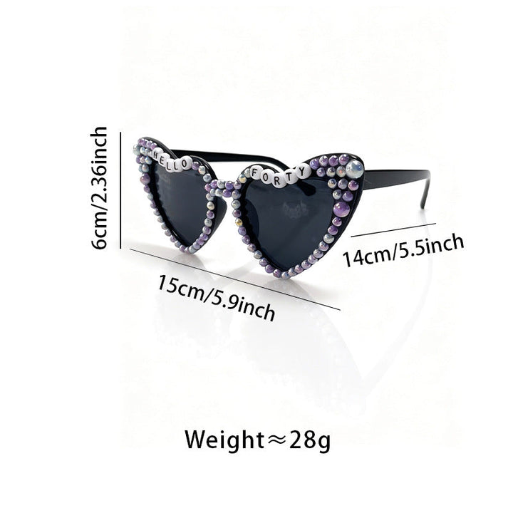 Rhinestone heart bridal sunglasses for women, ideal for weddings, bachelorette parties & glamorous events.