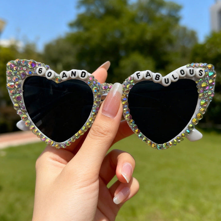 Stylish women's heart bridal sunglasses with rhinestone embellishments, perfect for weddings & parties.