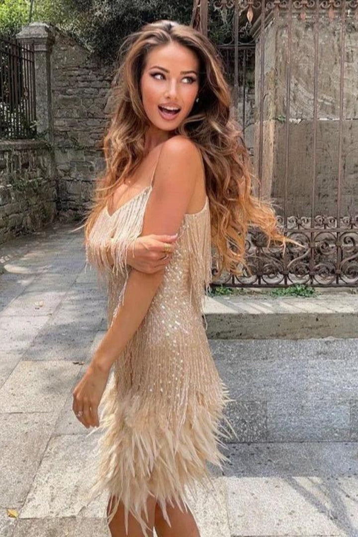 Luxurious women's glamorous mini dress, adorned with lavish fringe and feather trim, spaghetti straps.