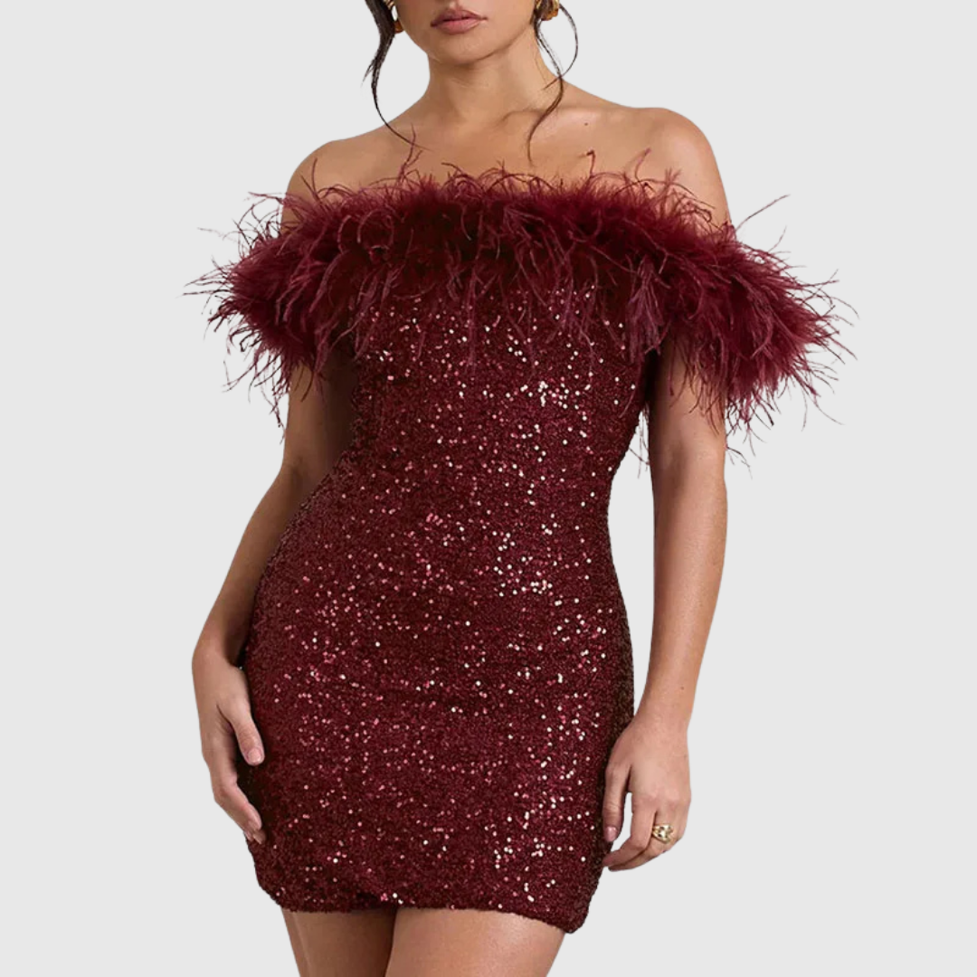 Glamorous women's off-shoulder glitter mini dress, perfect for parties & special occasions.