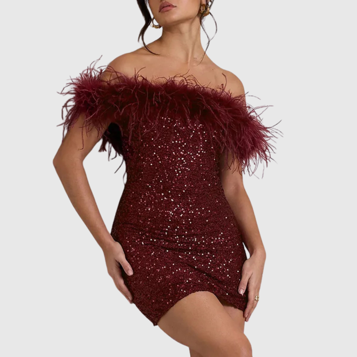 Elegant bodycon party dress with off-shoulder design & shimmering sequin details.