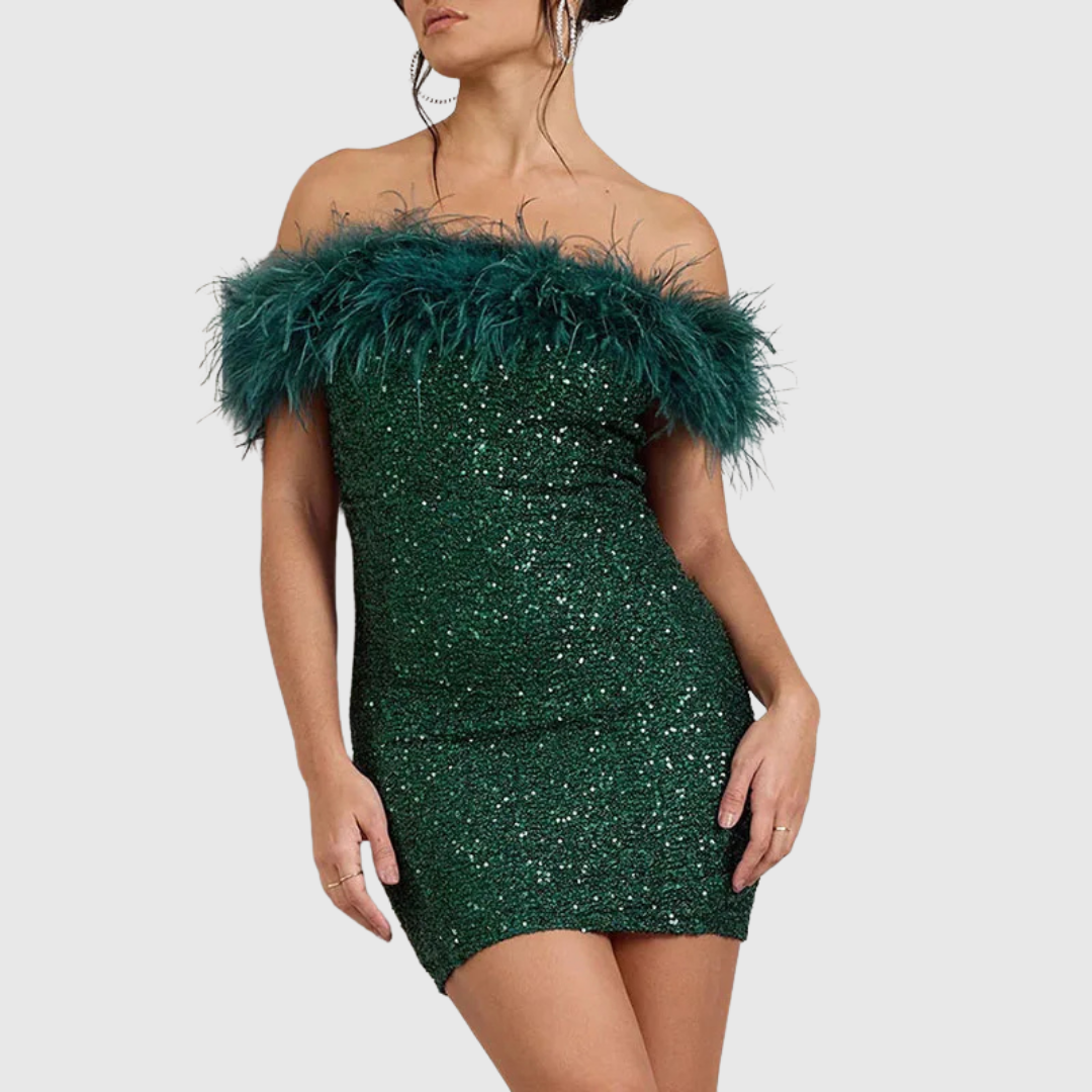 Stunning red off-shoulder glitter mini cocktail dress with delicate feather trim.