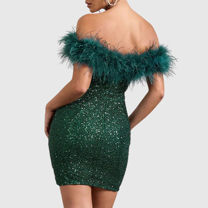 Glamorous green off-shoulder glitter mini dress, ideal for evening parties & events.