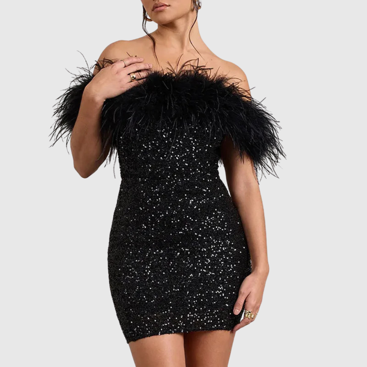 Chic black off-shoulder glitter bodycon mini dress, a sophisticated choice for special occasions.
