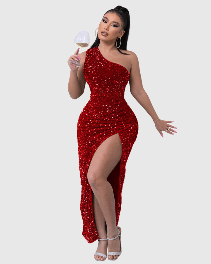 Sparkling women's one-shoulder sequin party dress. Long formal evening gown, ideal for special occasions & elegant events.