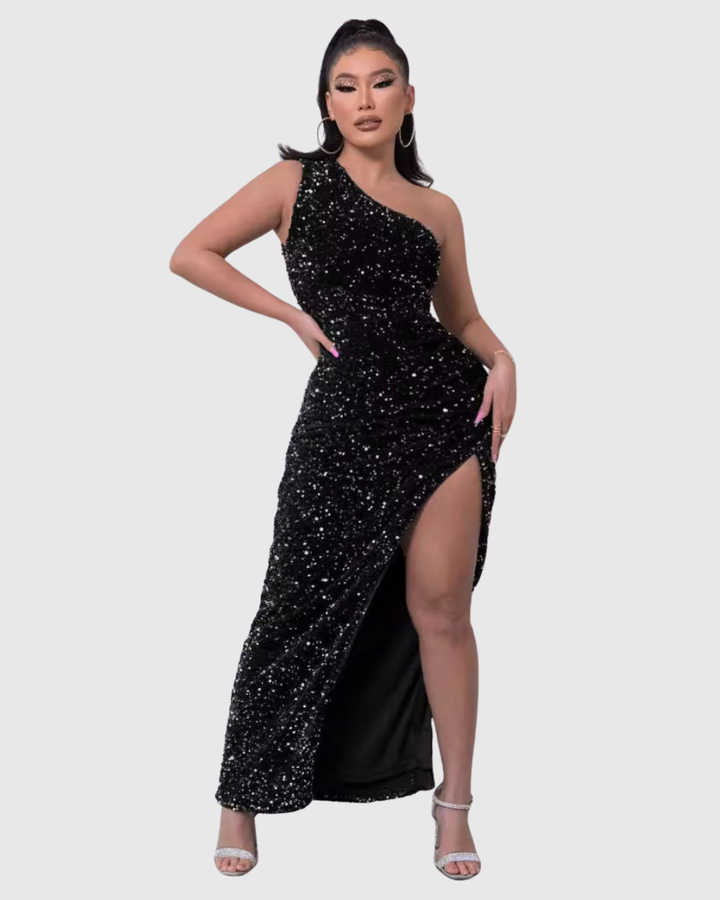 Elegant women's one-shoulder sequin gala dress. Floor-length evening gown, perfect for formal events & glamorous fashion.