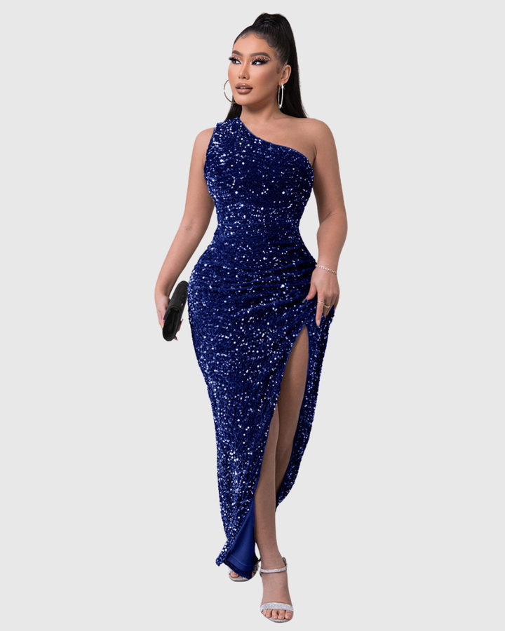 Glamorous women's one-shoulder sequin evening dress. Luxe formal wear, long elegant gown for parties & special events.