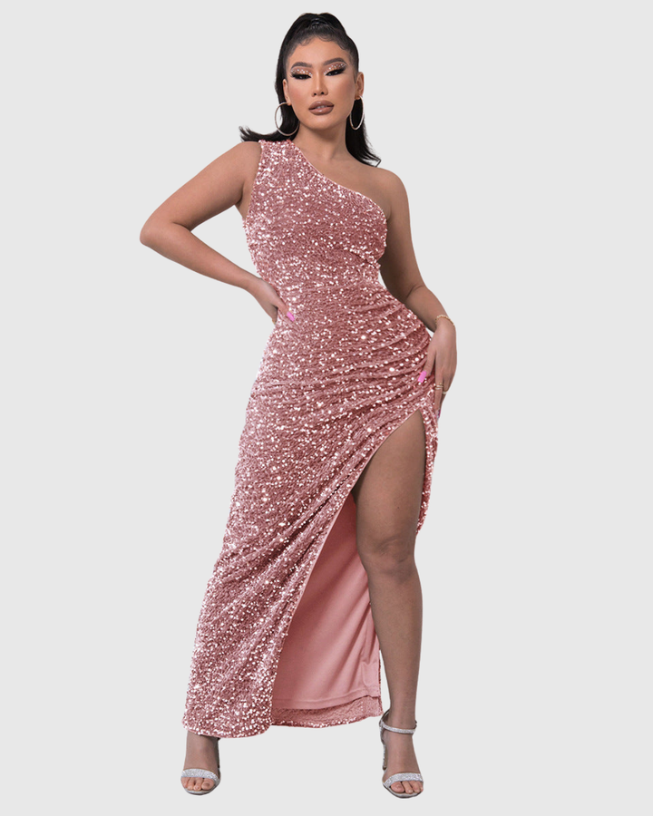 Shiny women's one-shoulder sequin long dress. Elegant evening gown, a glamorous statement piece for formal parties & galas.