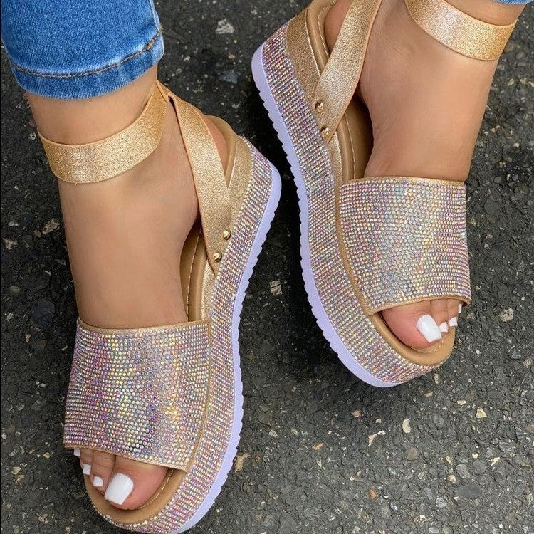 Chunky sole platform sandals for women, adorned with glamorous rhinestones & adjustable buckle strap; stylish party shoes.