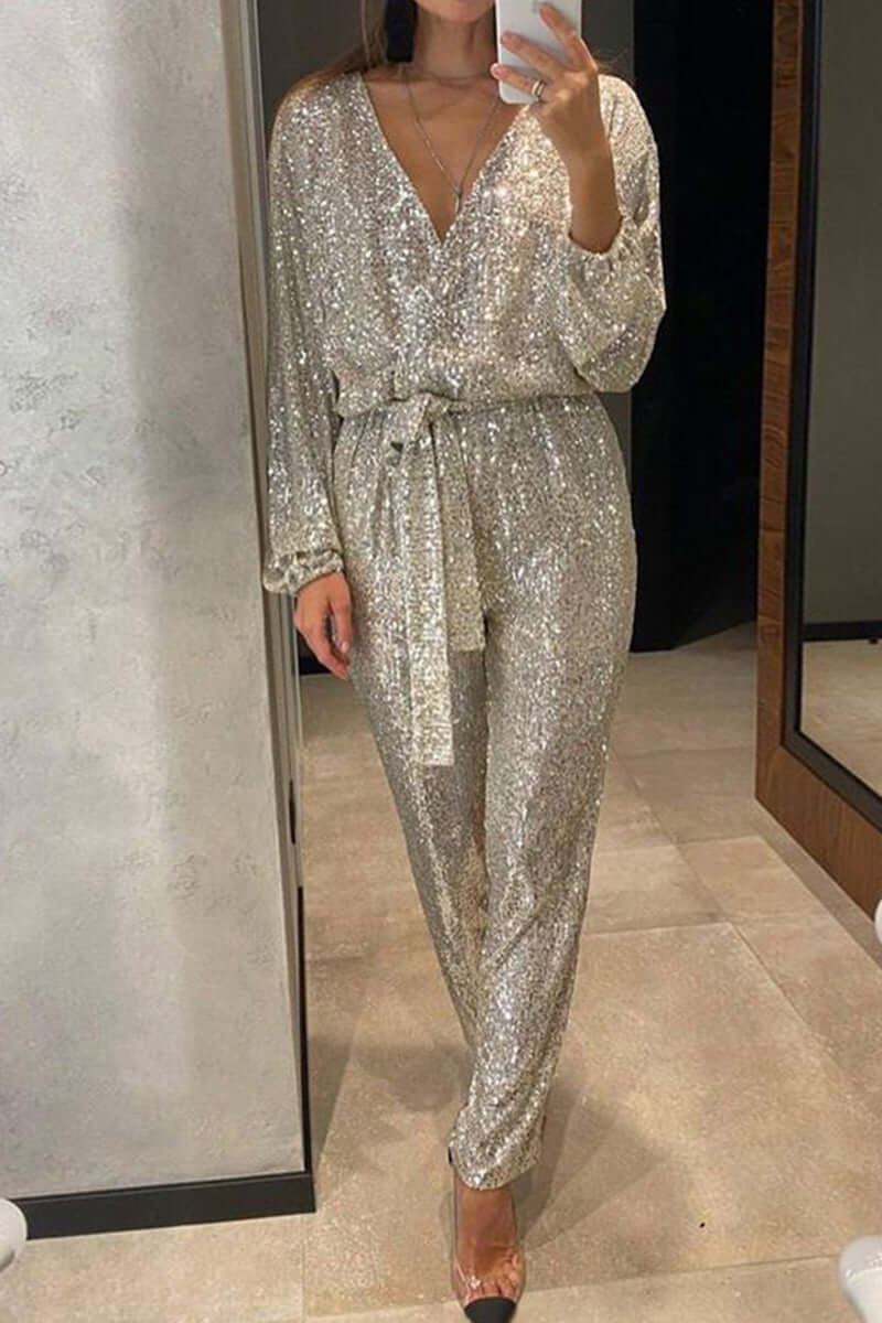 Elegant women's v-neck sequin bandage jumpsuit, ideal for special occasion evening wear & formal parties.