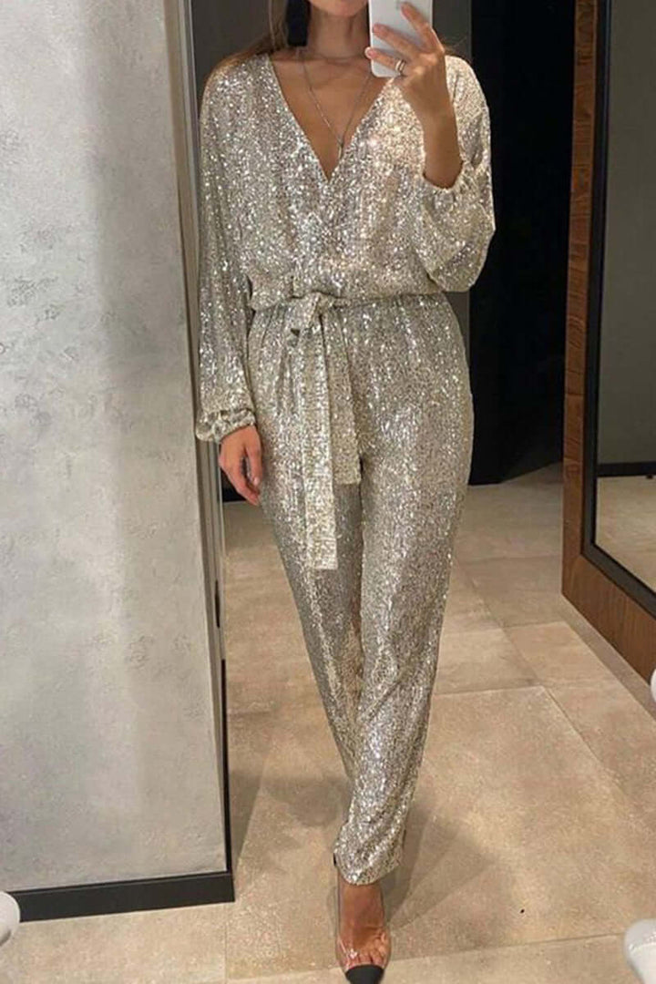 Elegant women's v-neck sequin bandage jumpsuit, ideal for special occasion evening wear & formal parties.