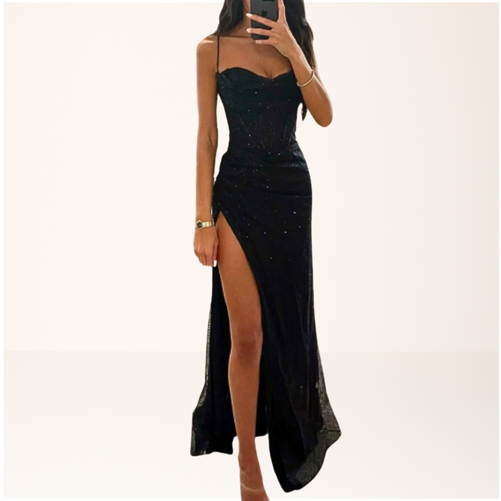 Glamorous women's sequin evening maxi dress with a stylish high slit, perfect for formal events & parties.