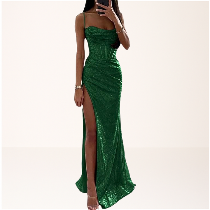 Elegant sleeveless sequin maxi gown for women, featuring a high slit, ideal for evening parties & special occasions.