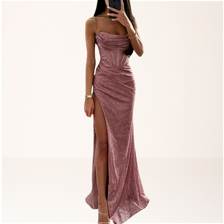 Glamorous women's sequin long dress with a high slit, ideal occasionwear for formal events & evening parties.