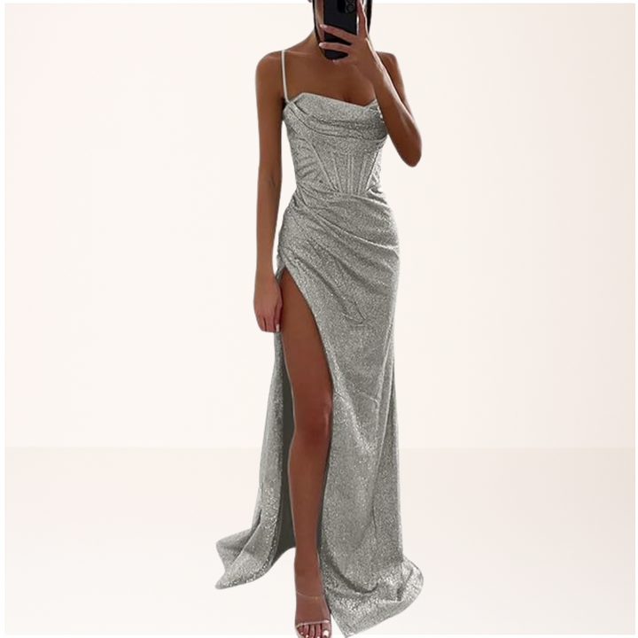 Sparkling women's sequin cocktail party maxi dress with a high slit, an elegant choice for any special evening.