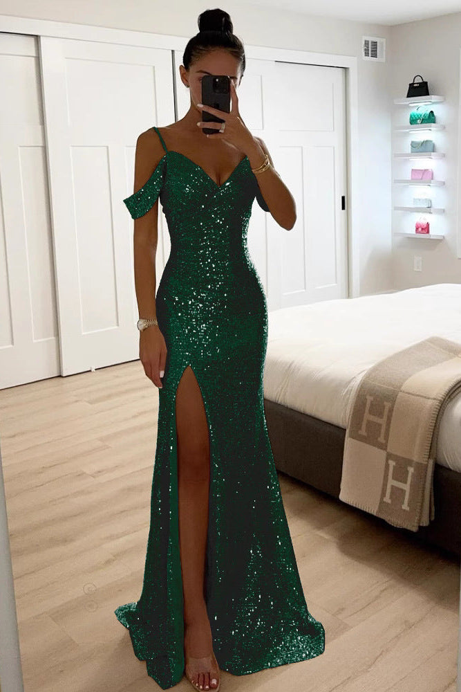 Elegant fitted women's sequin off-shoulder maxi dress with a seductive high slit. Glamorous formal evening wear.