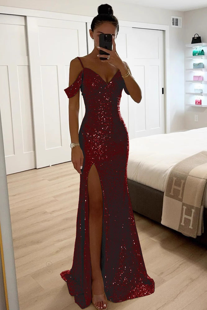 Fashionable women's sequin off-shoulder maxi party dress with a high slit. Chic & glamorous for special occasions.