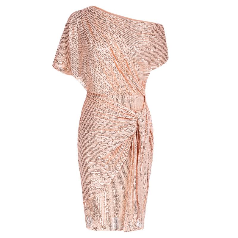 Glamorous women's sequined off-shoulder bodycon party dress for elegant evening events.