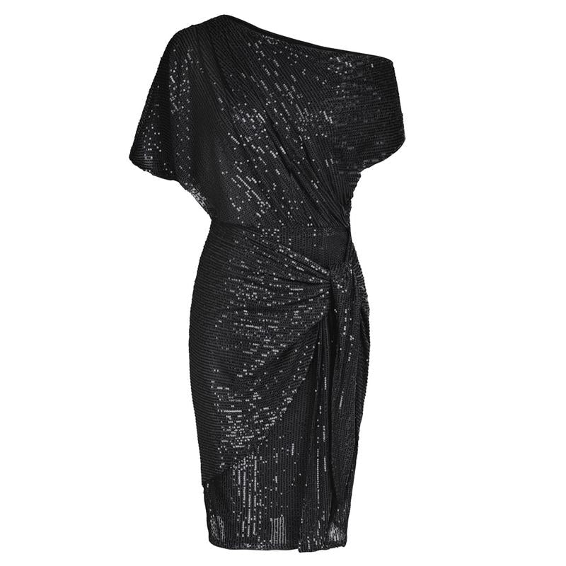 Women's elegant off-shoulder bodycon party dress with sparkling sequins. Ideal formal evening wear.