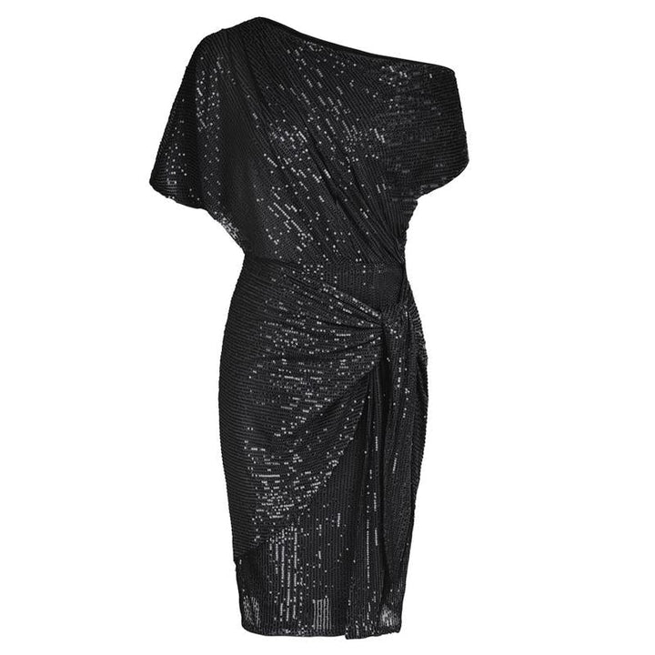 Women's elegant off-shoulder bodycon party dress with sparkling sequins. Ideal formal evening wear.