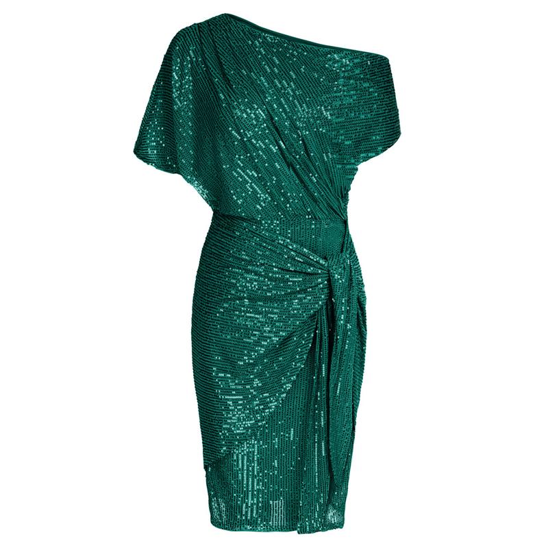 Sparkling sequin bodycon dress for women, elegant off-shoulder style. Ideal for glamorous party wear.