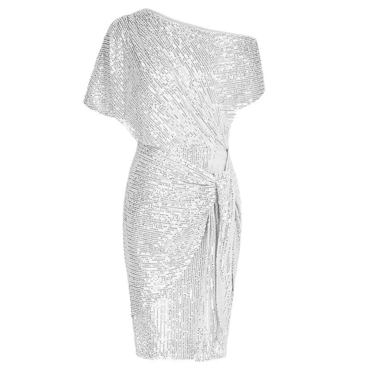 Women's formal sequined off-shoulder bodycon dress. Stunning for special occasions & glamorous evening parties.