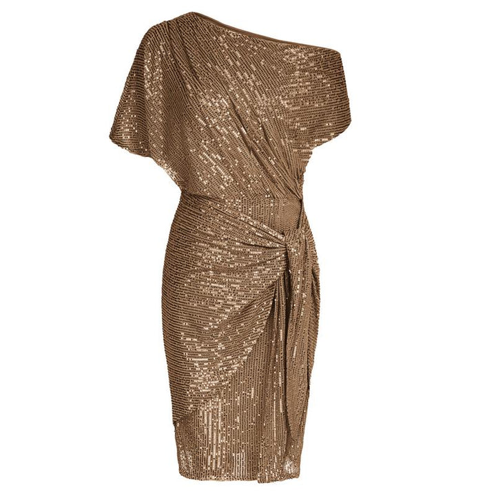 Luxurious women's sequined off-shoulder bodycon party dress. Glamorous choice for formal evening events.