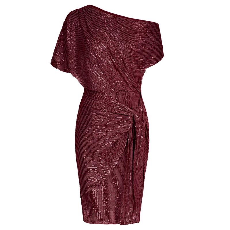 Shimmering sequin bodycon dress for women. Elegant off-shoulder evening wear for formal parties.