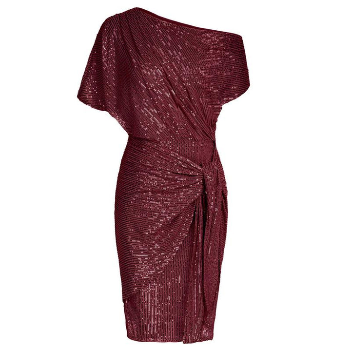 Shimmering sequin bodycon dress for women. Elegant off-shoulder evening wear for formal parties.