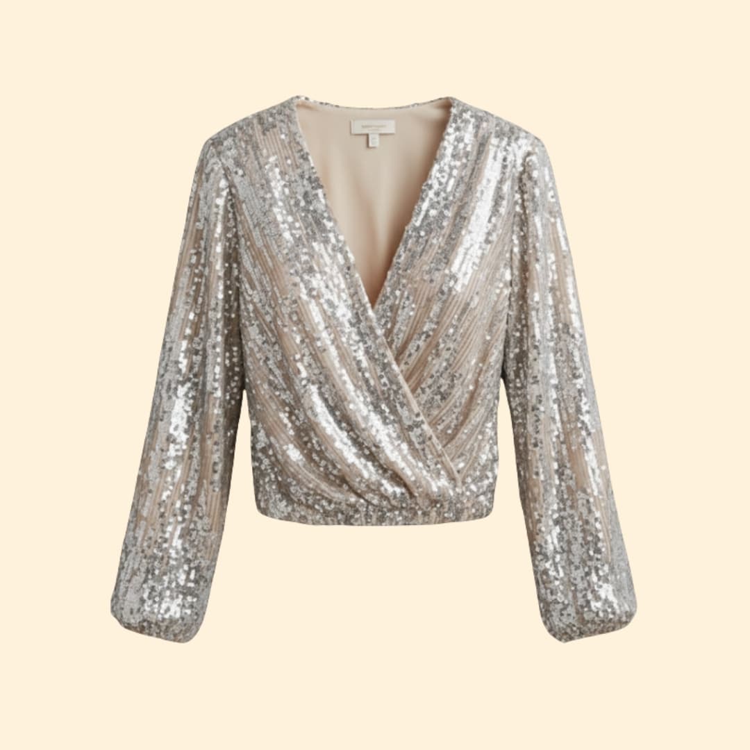 Glamorous women's sparkling gold sequin wrap blouse with V-neck and long sleeves, perfect for evening wear & parties.