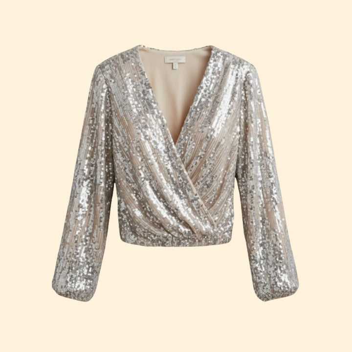 Glamorous women's sparkling gold sequin wrap blouse with V-neck and long sleeves, perfect for evening wear & parties.