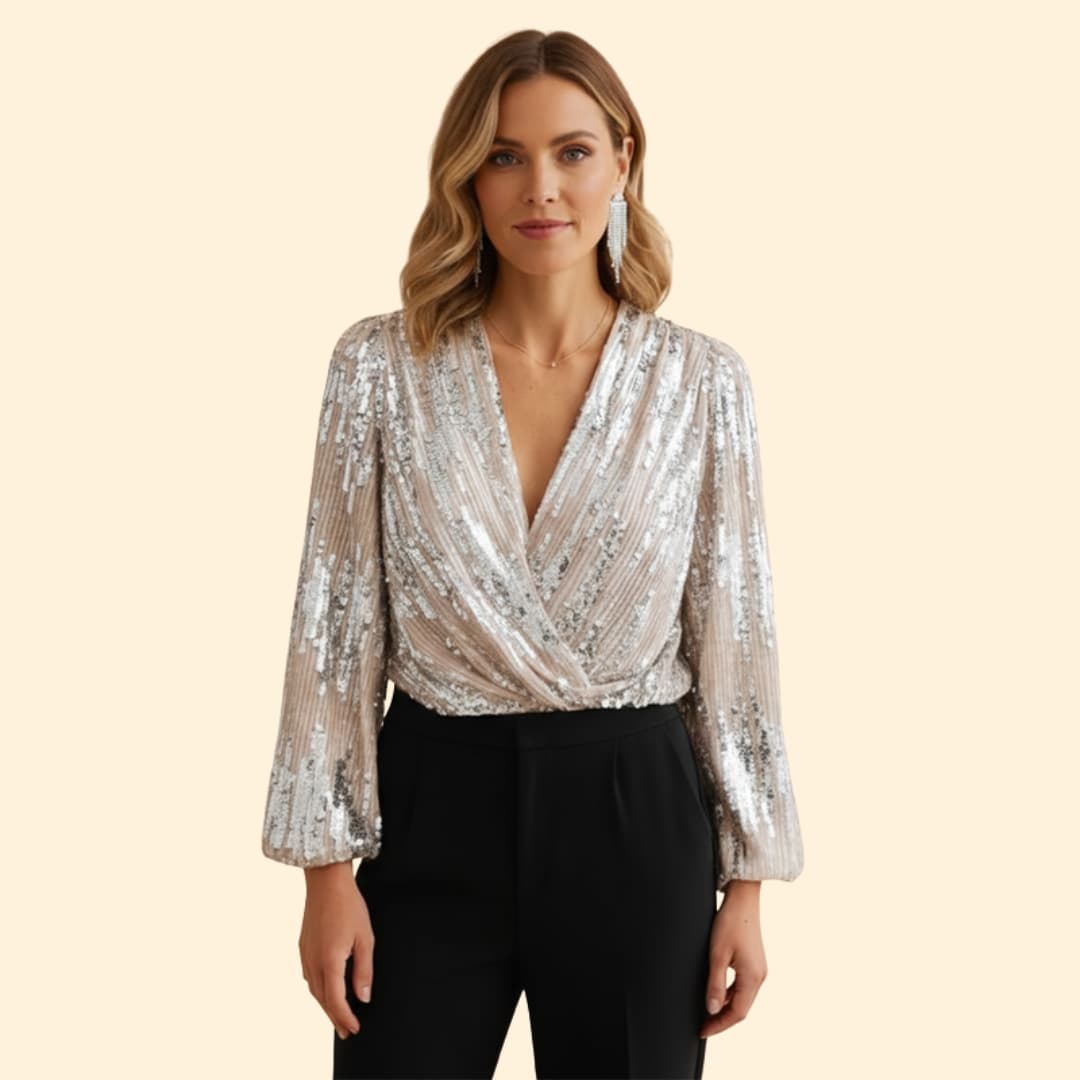 Women's shimmering sequin wrap blouse, ideal for special occasions & evening wear. Features V-neck & long sleeves.