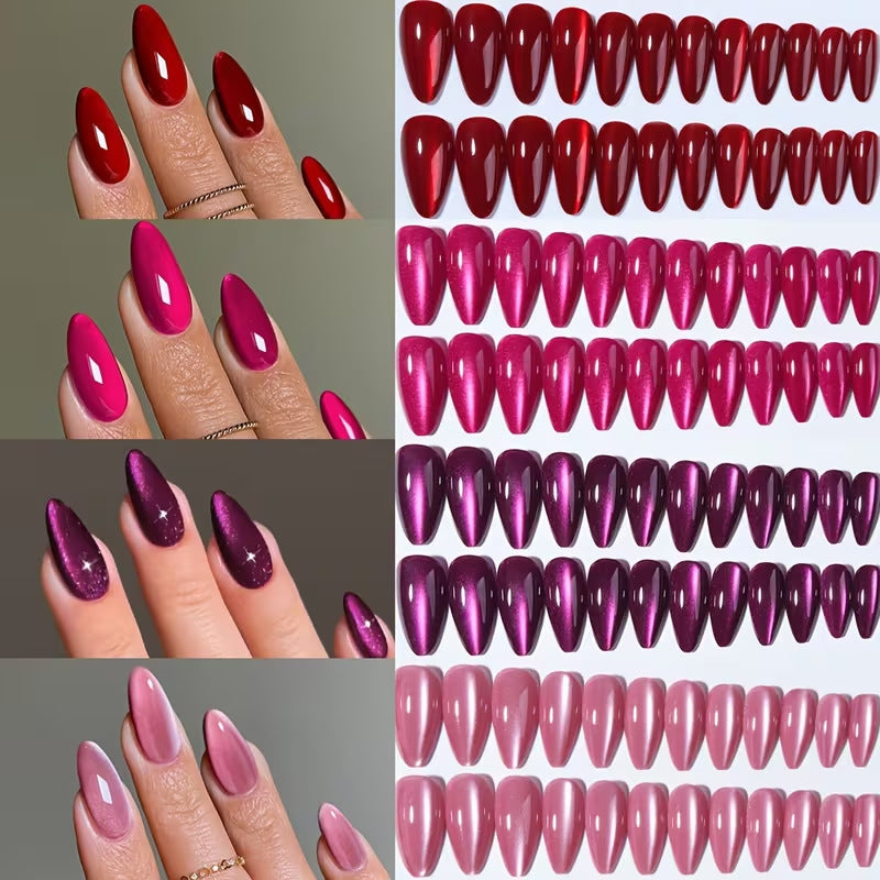Women's glossy cat-eye stiletto press-on false nails, perfect for a chic DIY manicure and elegant nail art.