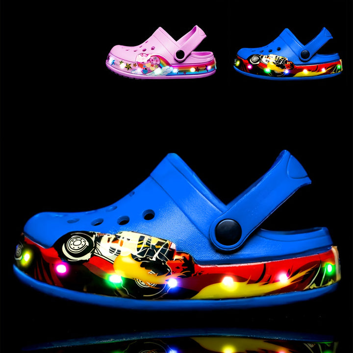 Glow-in-the-dark kids clogs for boys & girls, featuring anti-slip soles. Fun and safe play shoes.