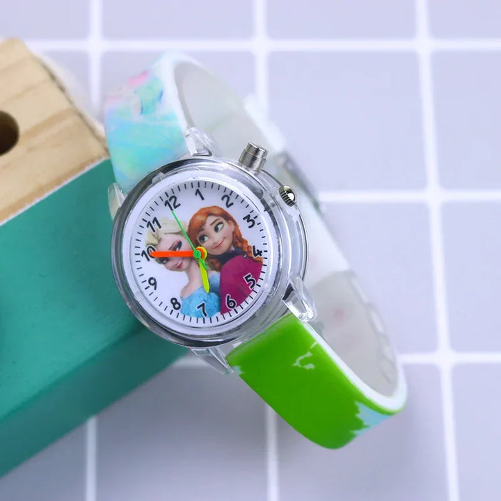 Two kids glow-in-the-dark watches: Spider-Man & Frozen designs. Fun character watches for boys and girls.