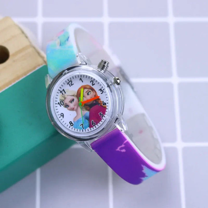 Perfect kids gift: a glow-in-the-dark cartoon watch. Choose Spider-Man or Frozen for fun time learning.