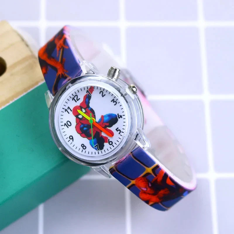 Spider-Man themed glow-in-the-dark boys watch with clear numerals, encouraging time learning. Silicone comfort.