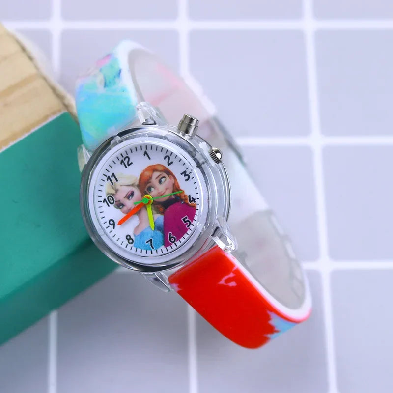 Kids' glow-in-the-dark watch showing bright luminescence, making it easy to read in low light. Cartoon style.