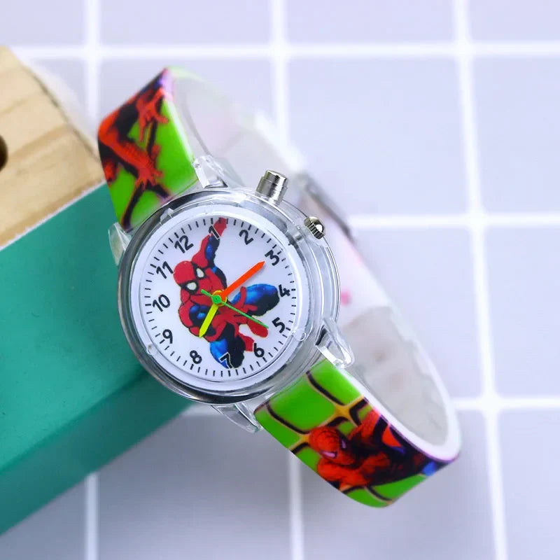 Close-up of Spider-Man glow-in-the-dark watch for boys, showing vibrant dial and soft silicone band.